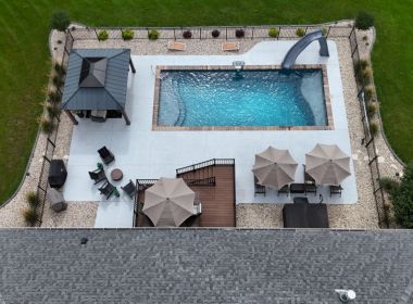 Barcelona Fiberglass Pool with Stone Coping and Deck Jets in Franksville WI 