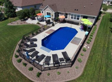 aerial view of inground pool