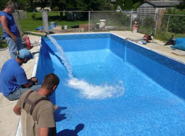 rectangle inground pool being repaired